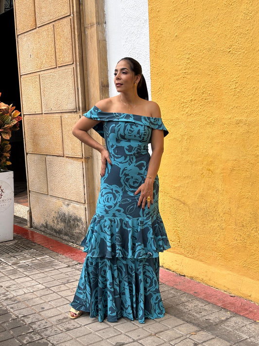 VESTIDO LARGO ESTAMPADO AZUL
