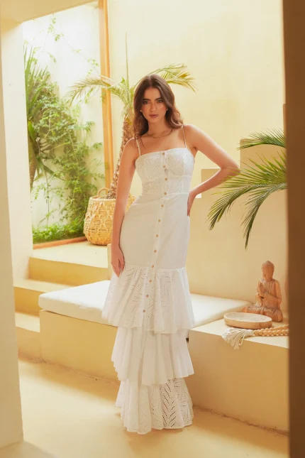 VESTIDO LARGO TIRAS BLANCO LINO Y OJALILLO